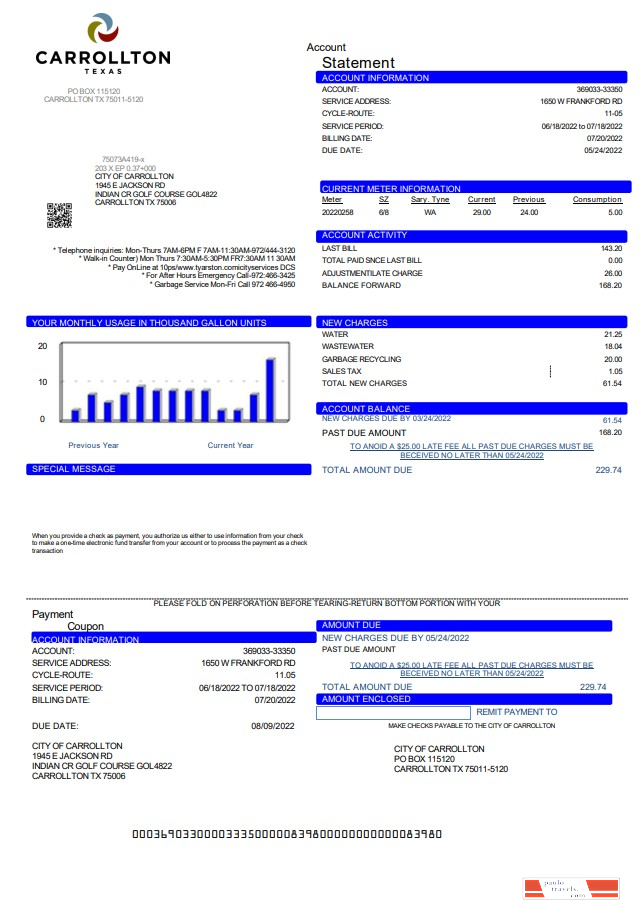 USA Texas Carrollton utility bill template in Word and PDF format